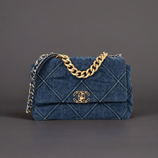 Denim Quilted Large Chanel 19 Flap Blue