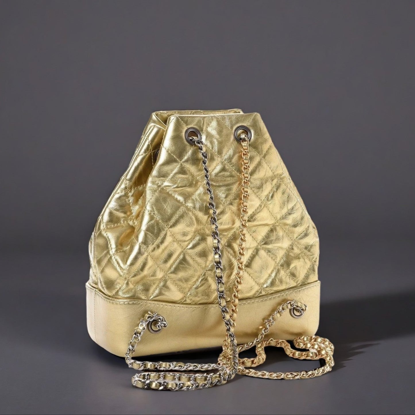 Metallic Aged Calfskin Quilted Gabrielle Backpack Gold