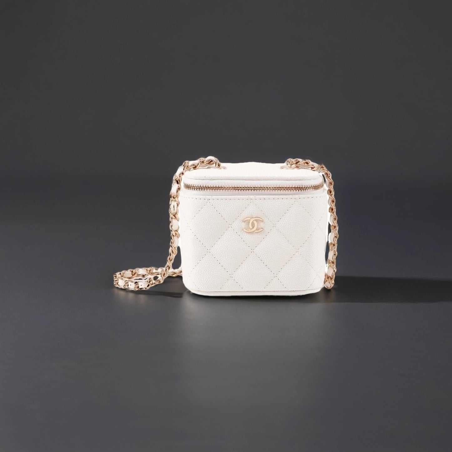 White Quilted Caviar Small Vanity with Chain Gold Hardware