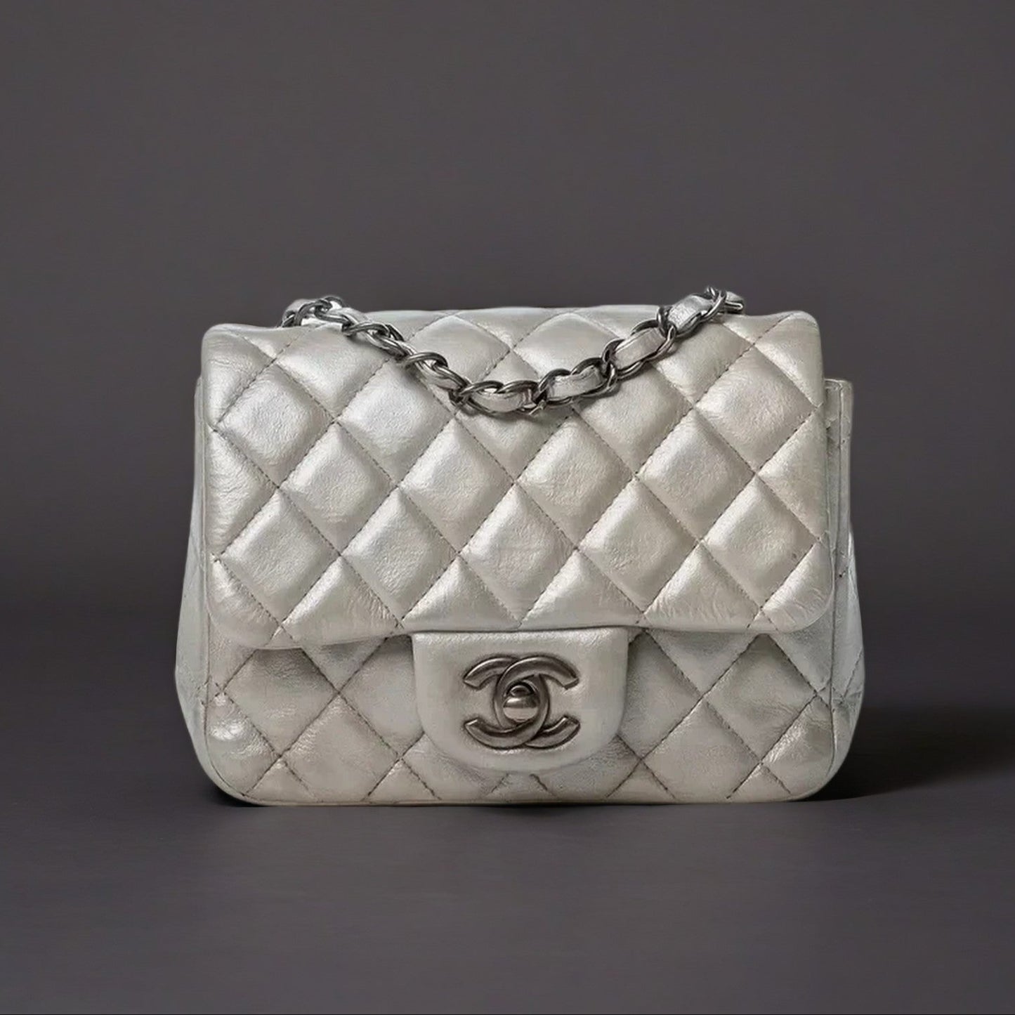 Metallic Lambskin Quilted Mini Square Flap Silver