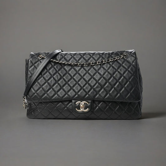 Calfskin Quilted XXL Travel Flap Bag Black