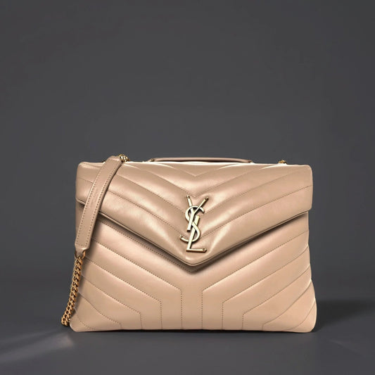 Calfskin Y Quilted Monogram Medium Loulou Chain Satchel Dark Beige