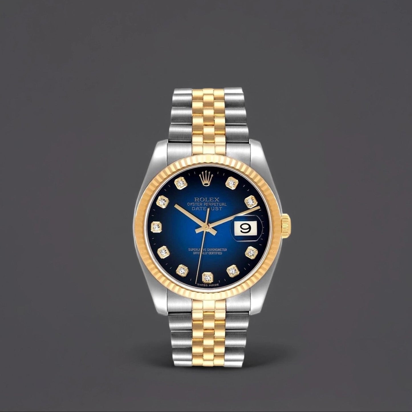Rolex Datejust 36mm Steel Yellow Gold Blue Vignette Diamond Dial Watch