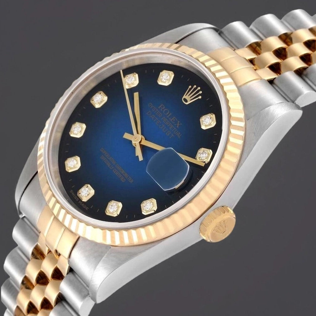 Rolex Datejust 36mm Steel Yellow Gold Blue Vignette Diamond Dial Watch