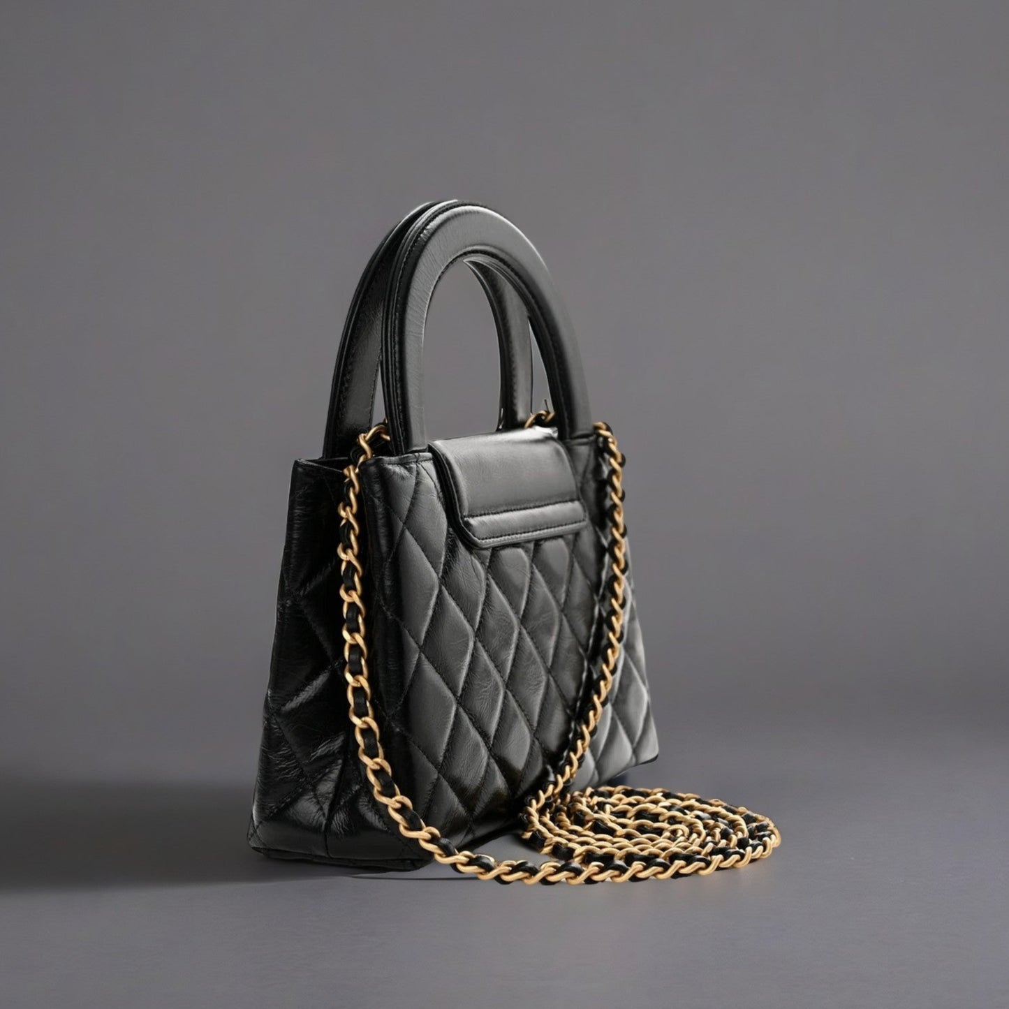 Shiny Aged Calfskin Quilted Nano Kelly Shopper Black