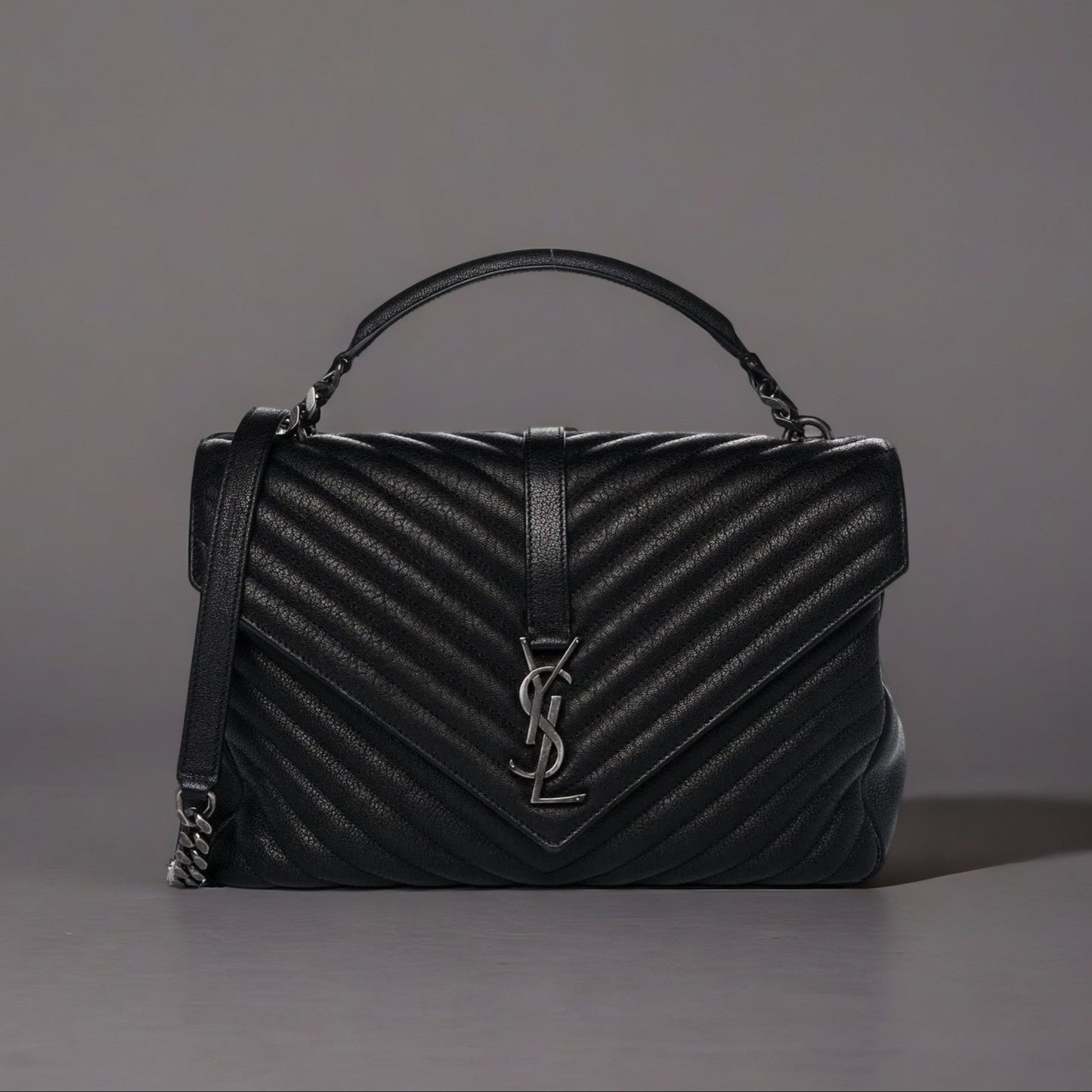 Sheepskin Matelasse Chevron Monogram Large College Satchel Black