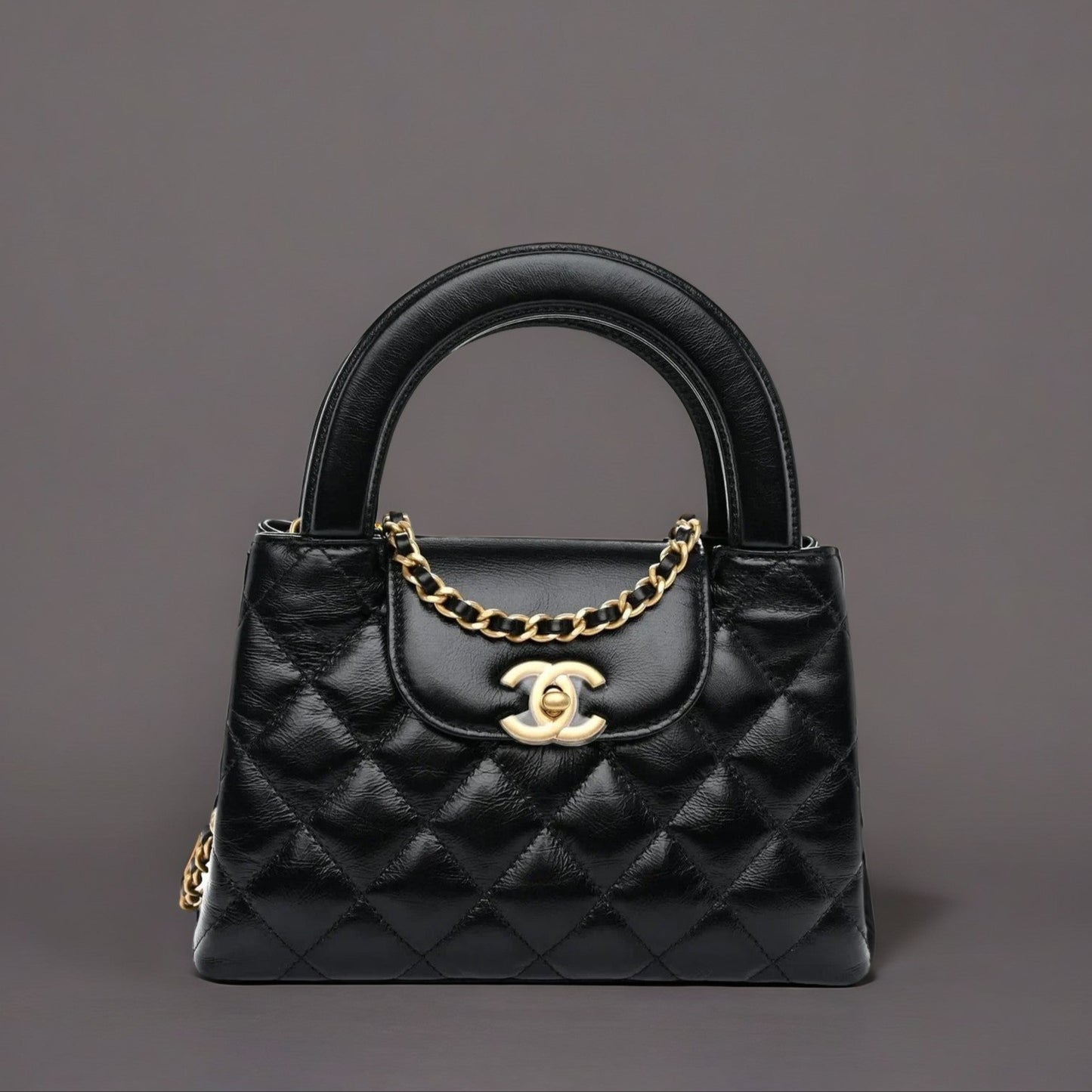 Shiny Aged Calfskin Quilted Nano Kelly Shopper Black
