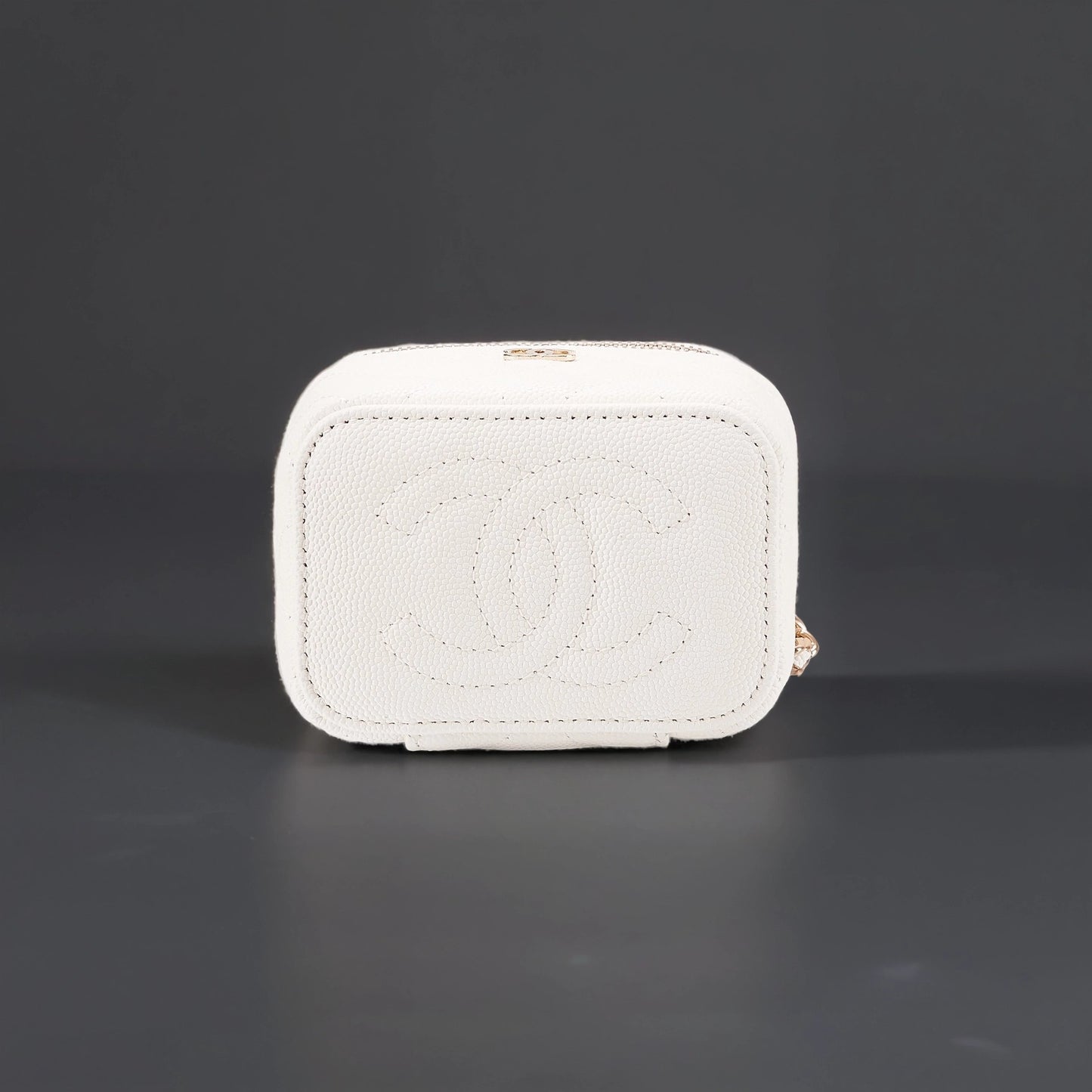 White Quilted Caviar Small Vanity with Chain Gold Hardware