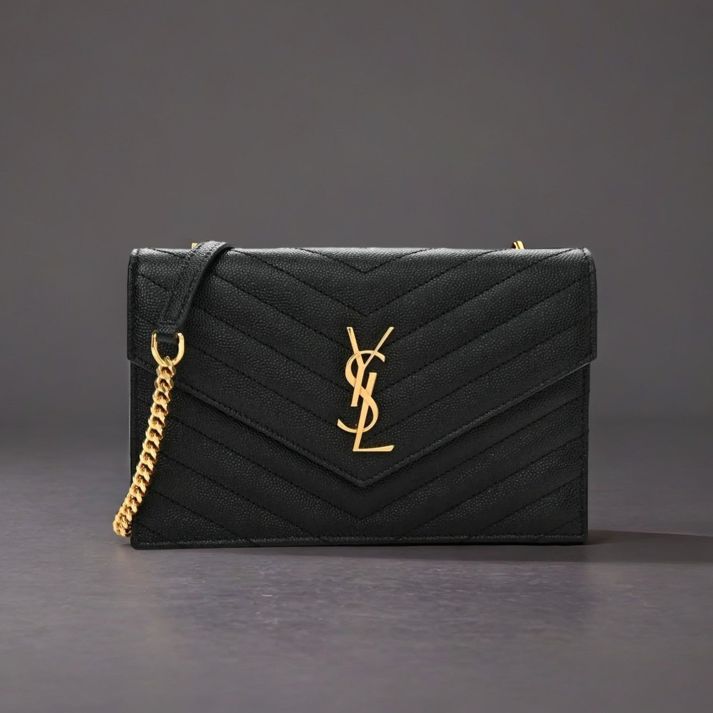 Grain De Poudre Matelasse Chevron Monogram Envelope Chain Wallet Black