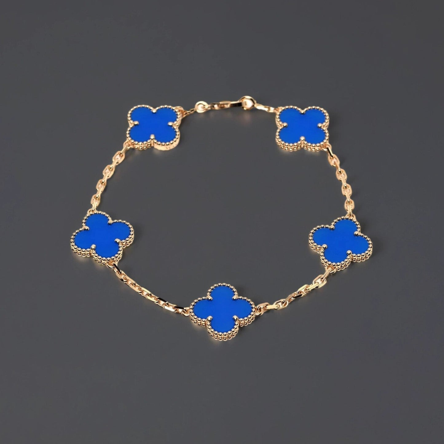 18K Yellow Gold Blue Agate 5 Motifs Vintage Alhambra Bracelet