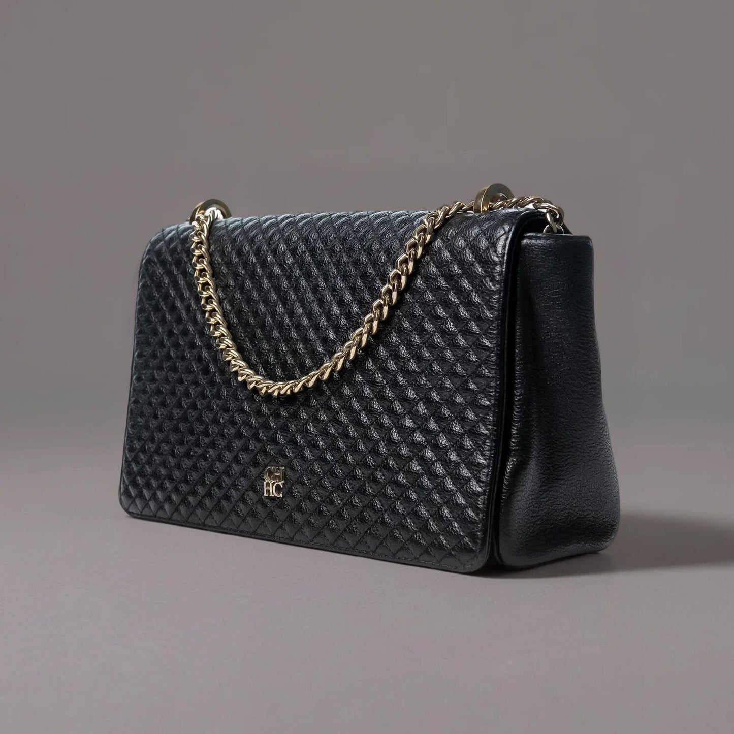 CAROLINA HERRERA BLACK QUILTED LEATHER FLAP CHAIN SHOULDER BAG