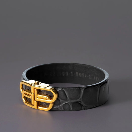 Bb Logo Croc Embossed Leather Bracelet In Dark Grey