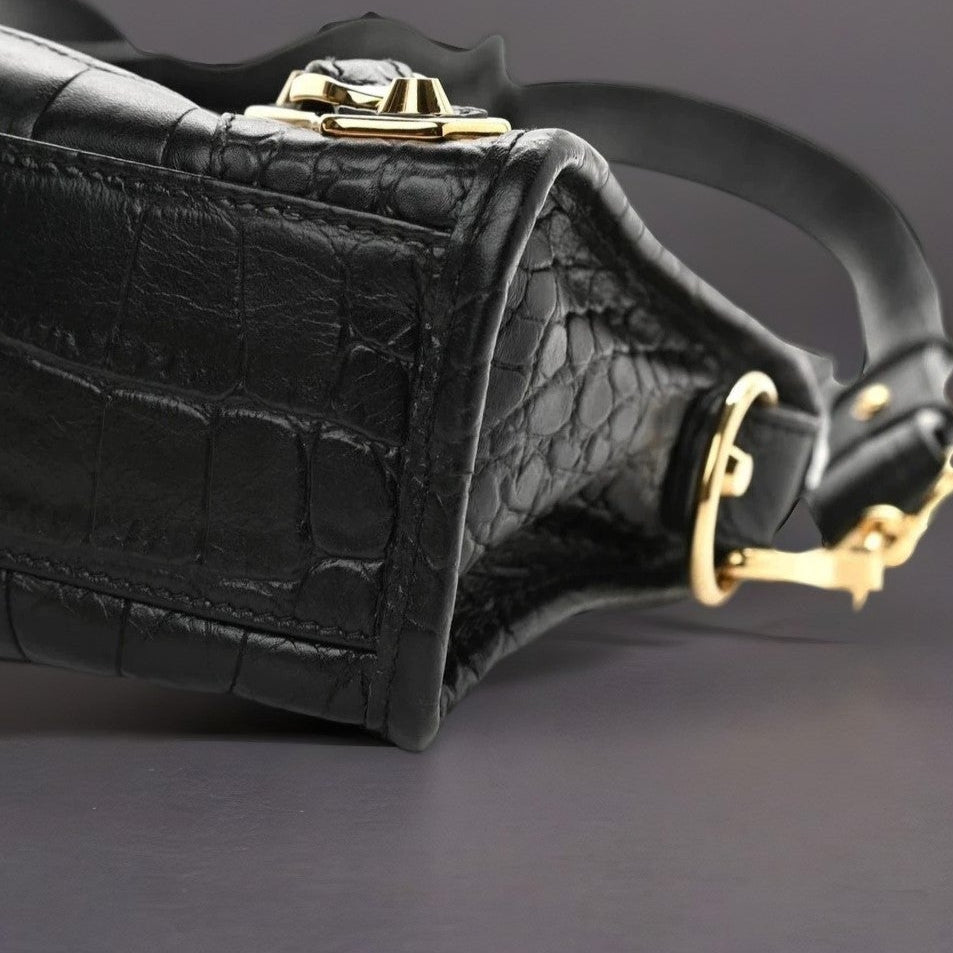 Calfskin Crocodile Embossed Gold Metallic Edge Hardware Mini City Black