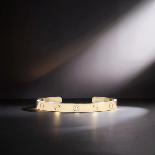 18K Yellow Gold 1 Diamond LOVE Cuff Bracelet 17