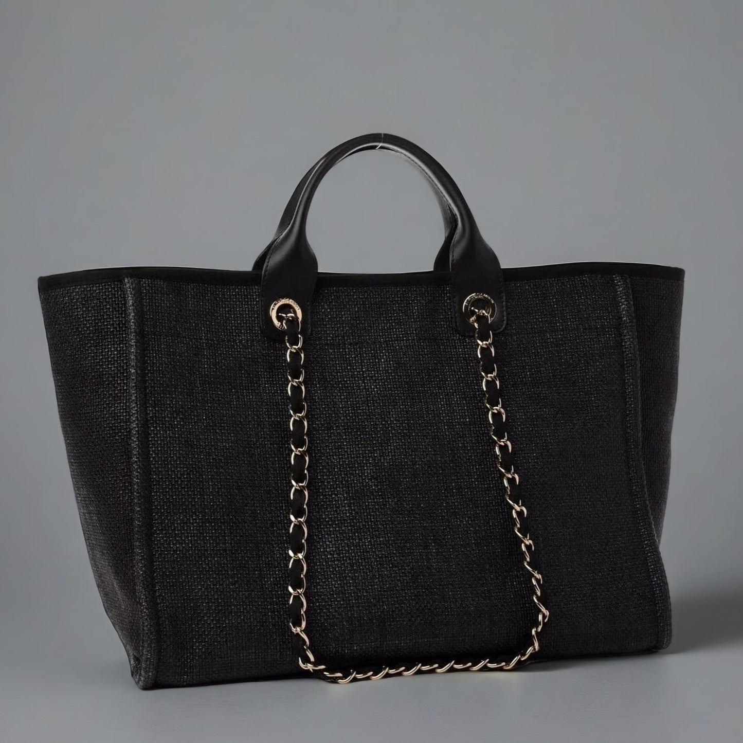 Woven Straw Raffia Medium Deauville Tote Black