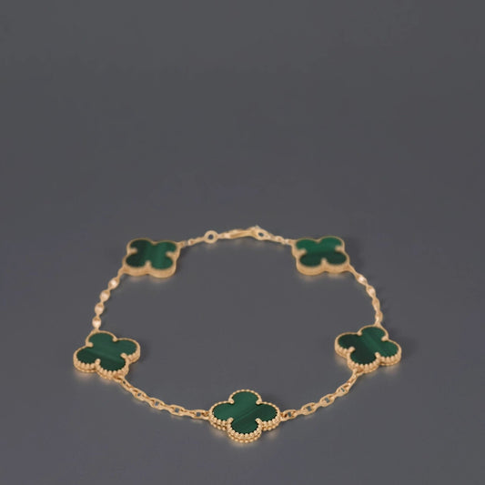 18K Yellow Gold Malachite 5 Motifs Vintage Alhambra Bracelet