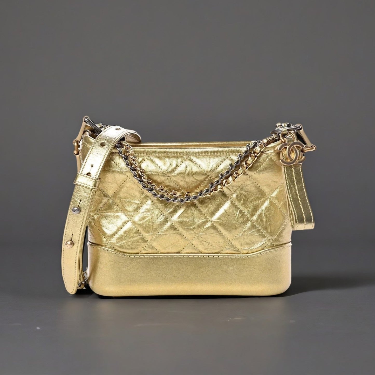 Metallic Aged Calfskin Quilted Small Gabrielle Hobo Gold