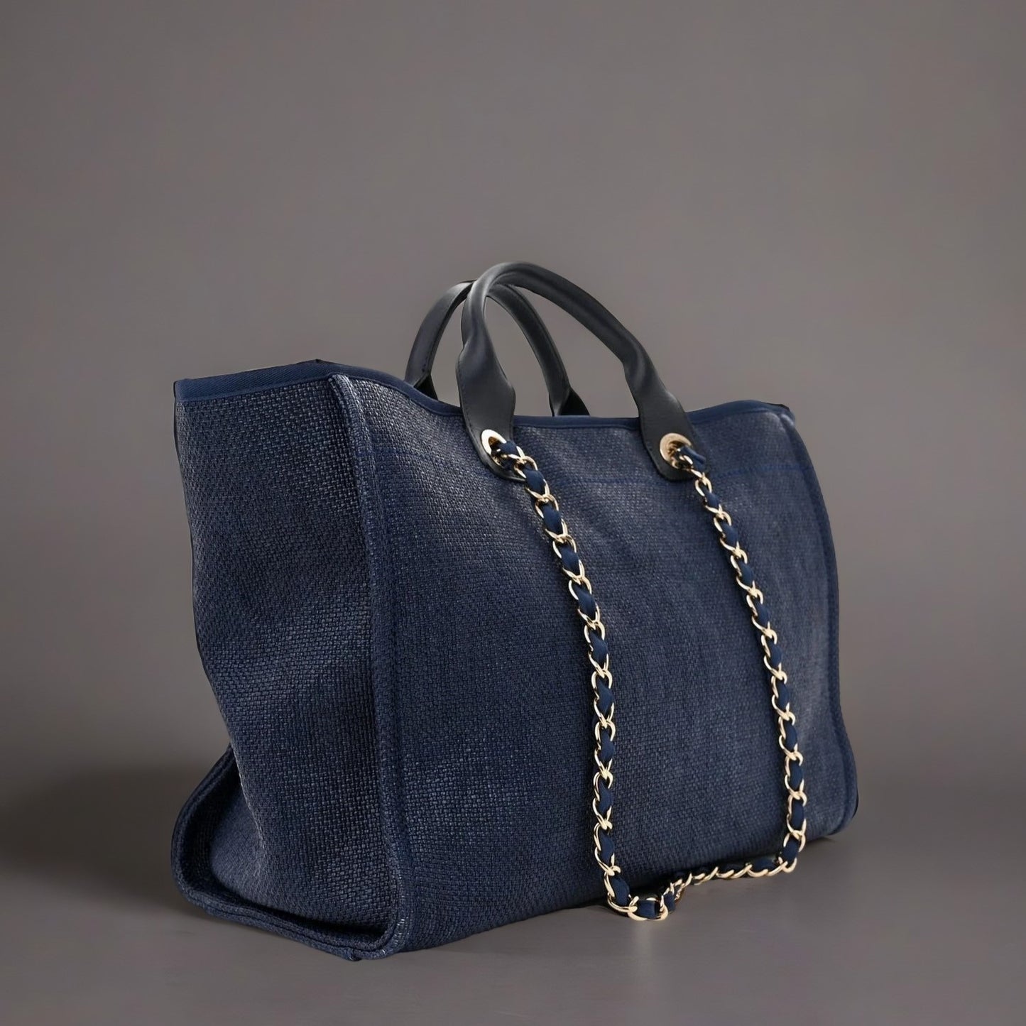 Woven Straw Raffia Medium Deauville Tote Navy