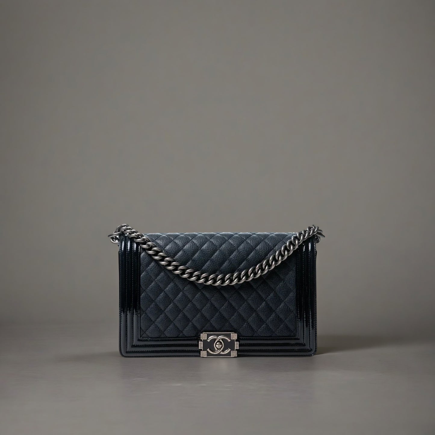 Goatskin Patent Quilted New Medium Boy Flap Navy Blue