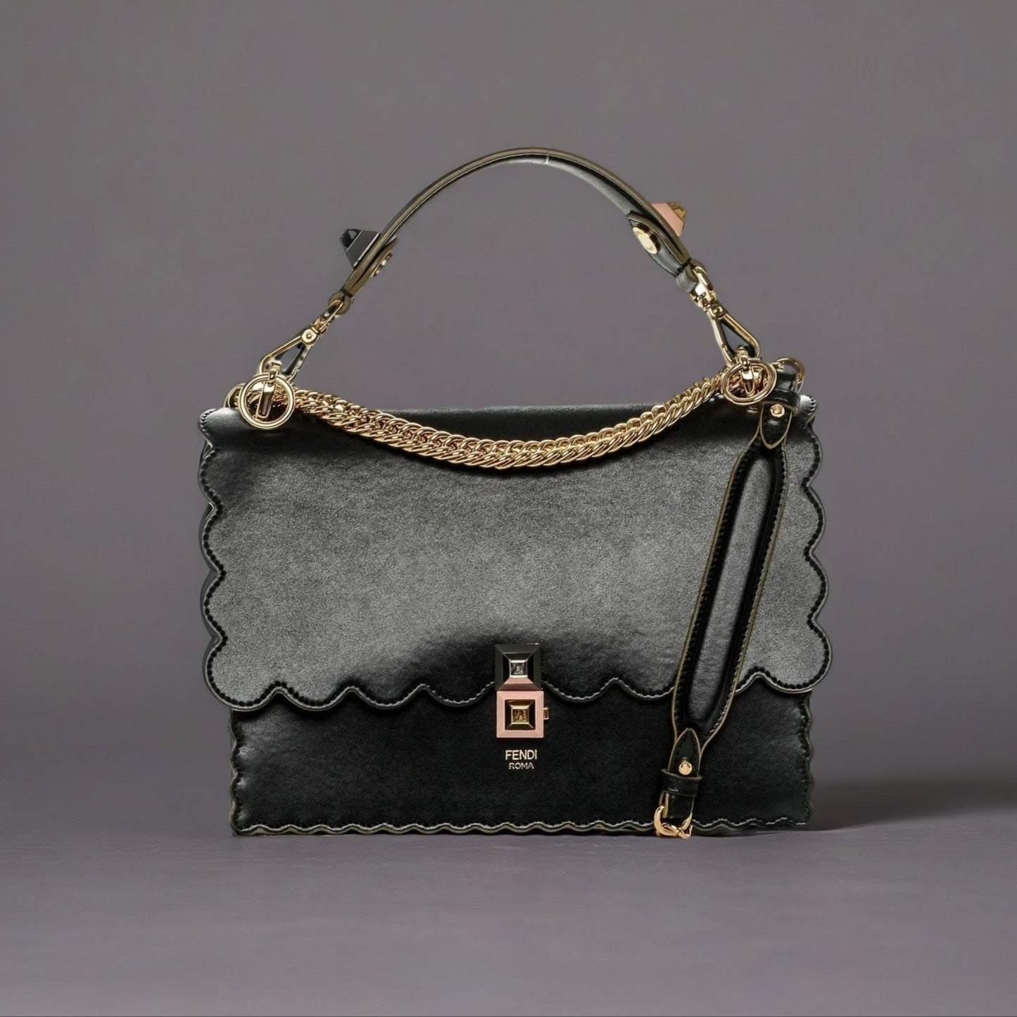 Smooth Calfskin Scalloped Studded Kan I Shoulder Bag Black