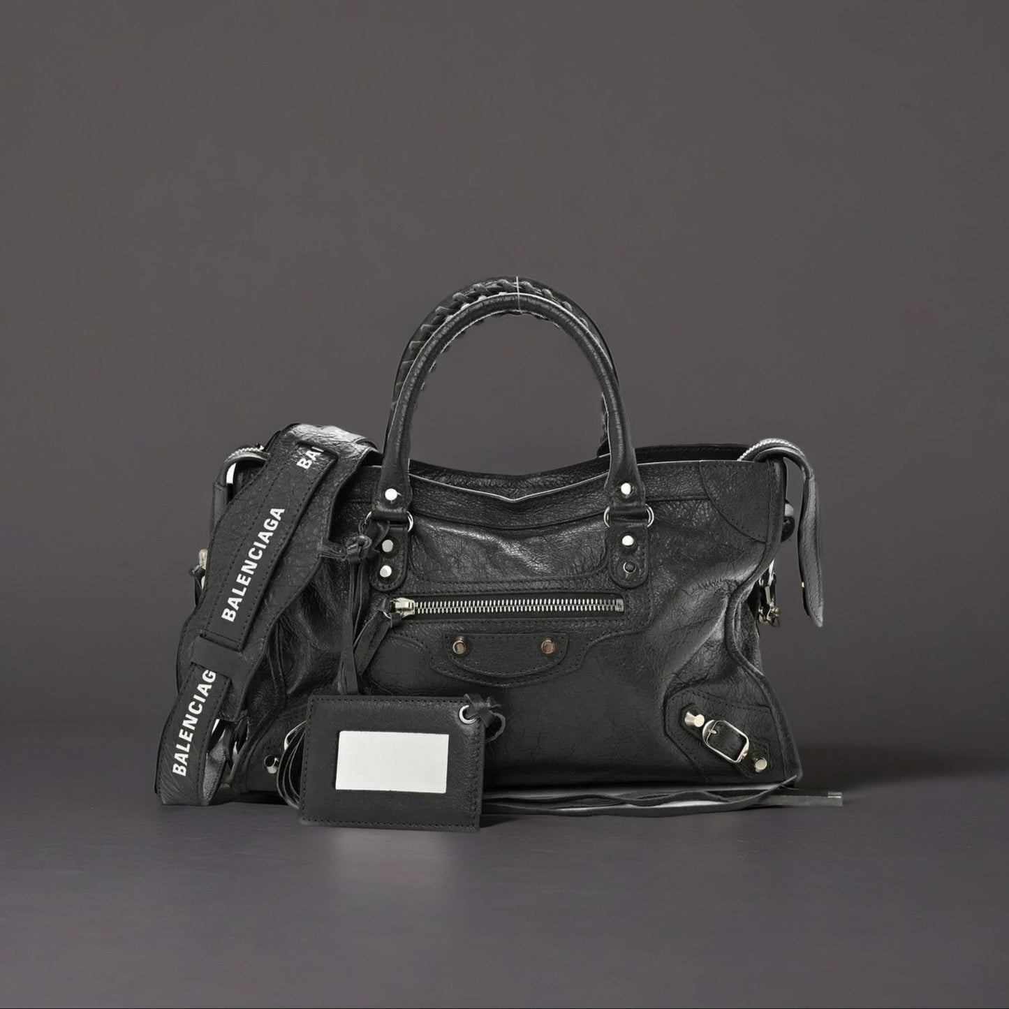 Agneau Classic Silver Hardware S City Logo Strap Gris Fossile