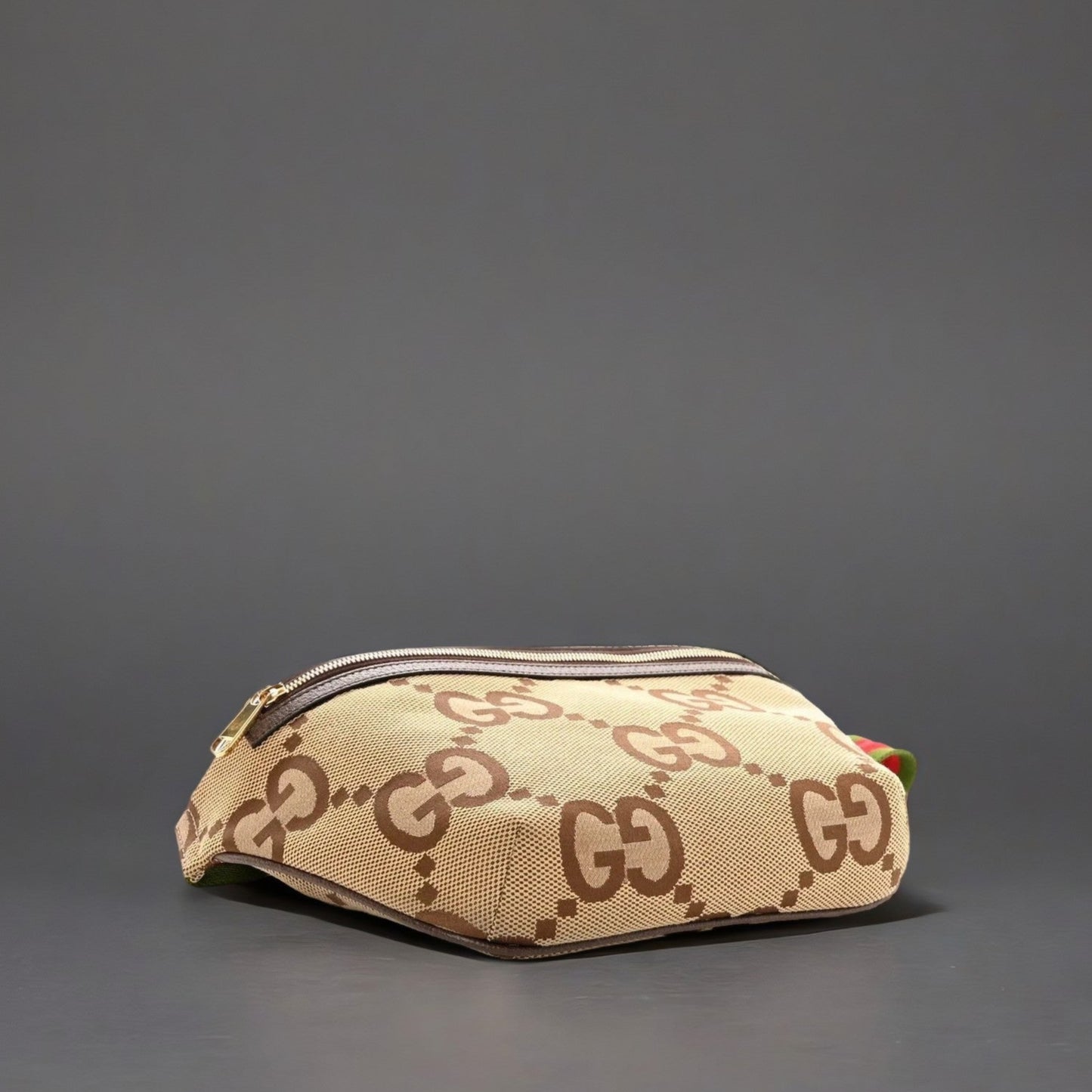 Monogram Jumbo GG Textured Dollar Calfskin Web Belt Bag Camel Ebony New Acero