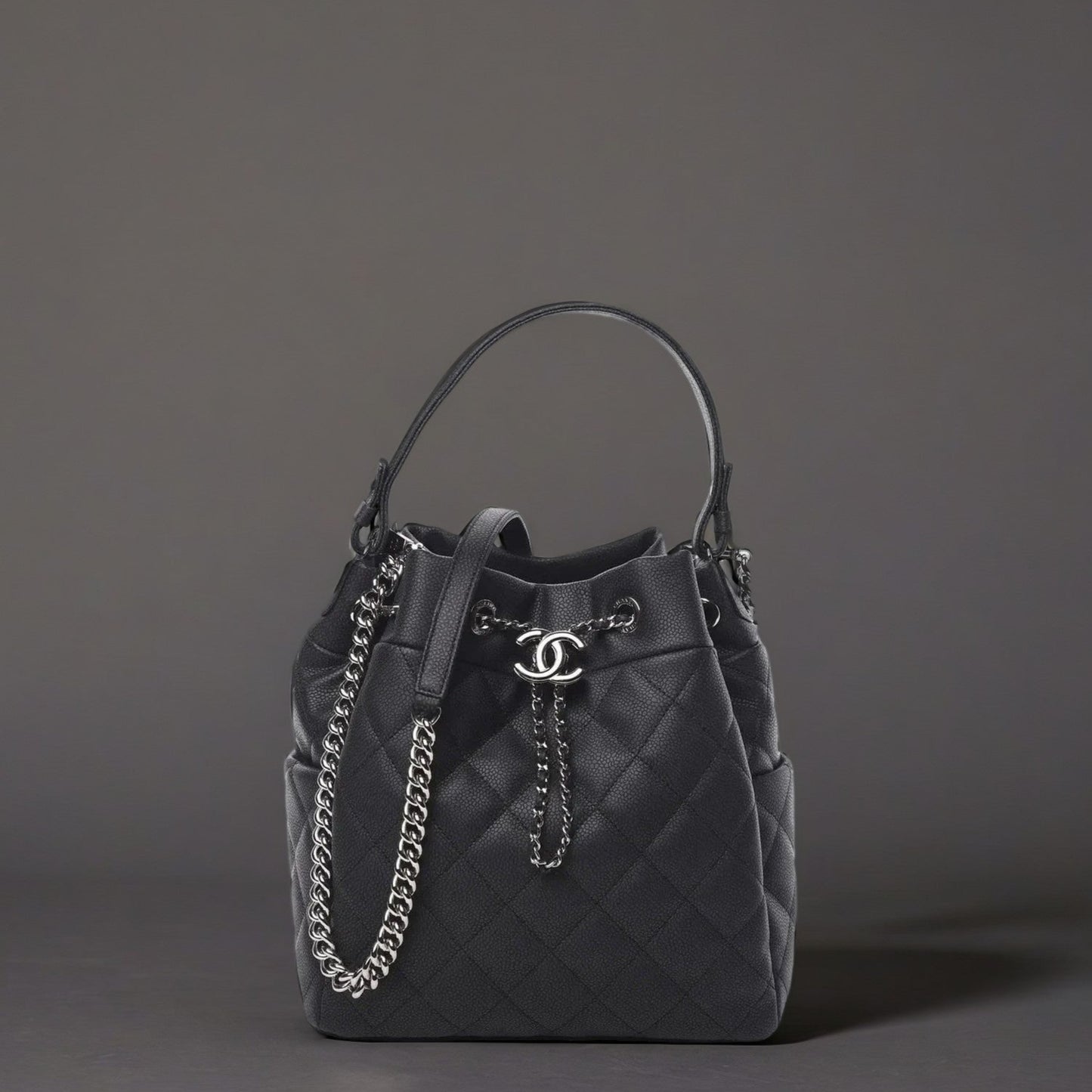 Grained Calfskin Quilted Medium CC Chain Bucket Drawstring Bag Grey