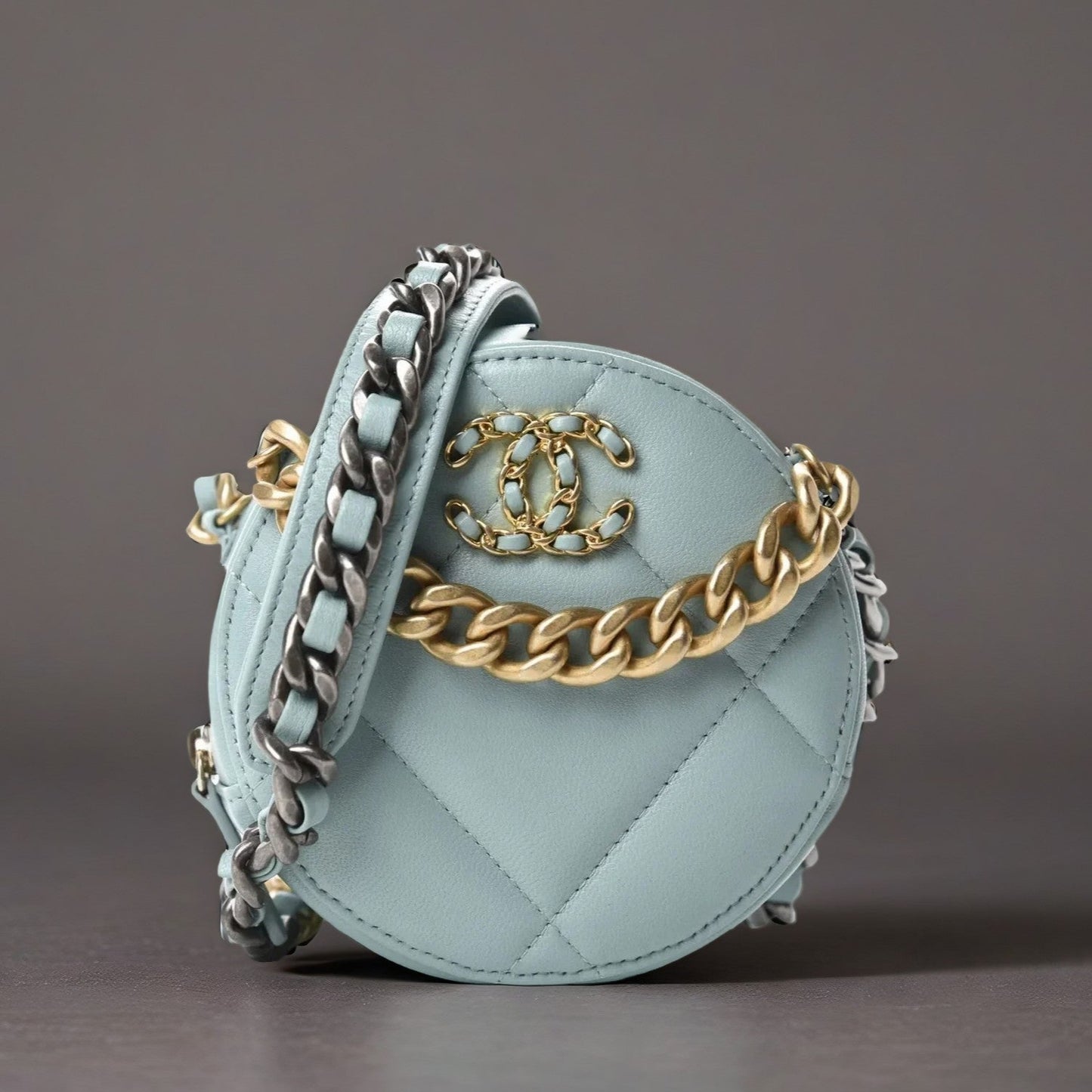 Goatskin Quilted Chanel 19 Round Clutch With Chain Light Blue