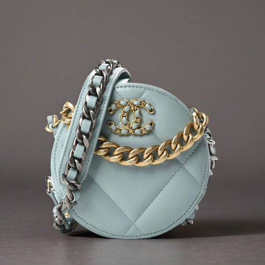 Goatskin Quilted Chanel 19 Round Clutch With Chain Light Blue