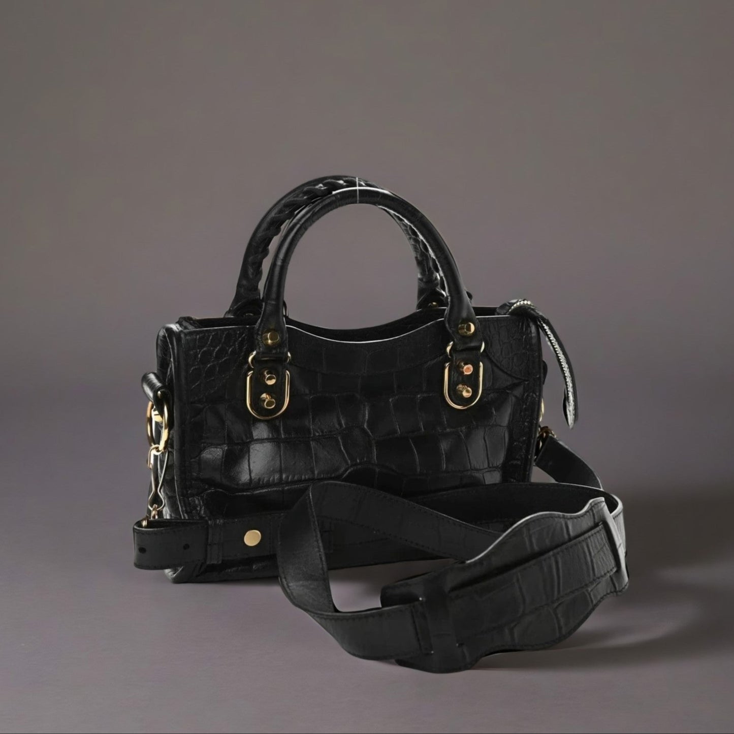 Calfskin Crocodile Embossed Gold Metallic Edge Hardware Mini City Black
