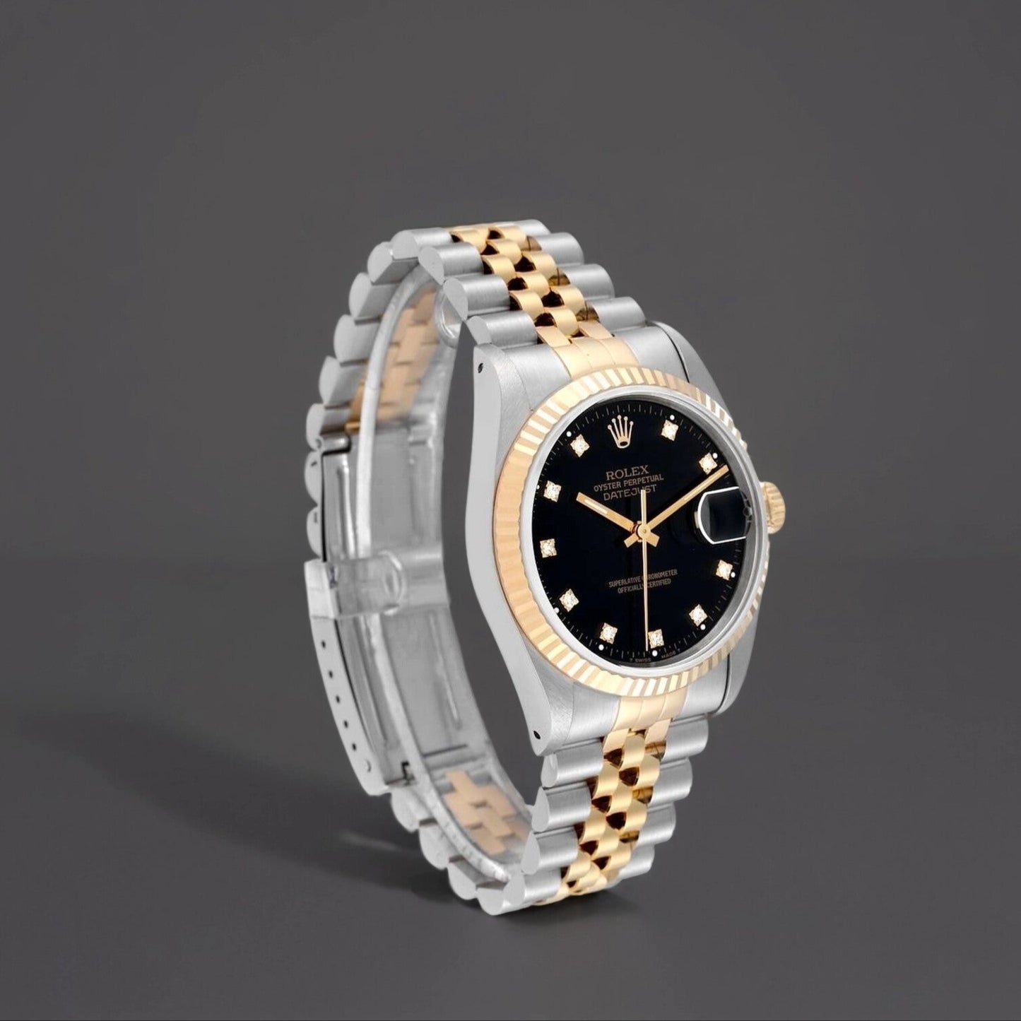 Rolex Datejust 36mm Steel Yellow Gold Black Diamond Dial Watch