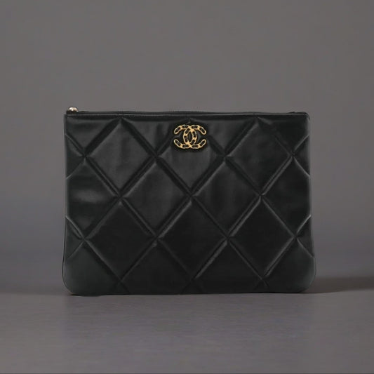 Goatskin Quilted Large Chanel 19 Pouch Black